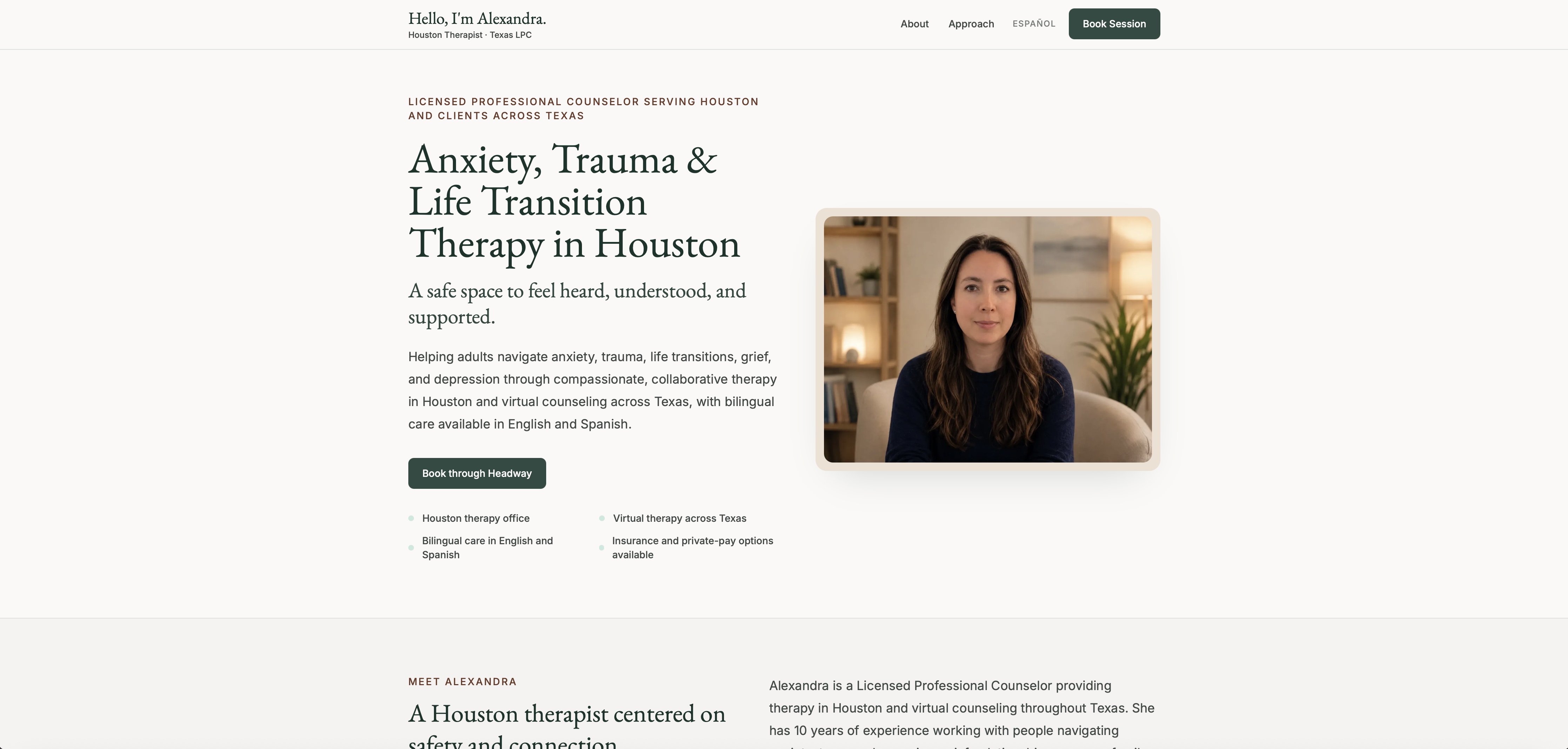 Desktop preview of Alexandra's therapy website
