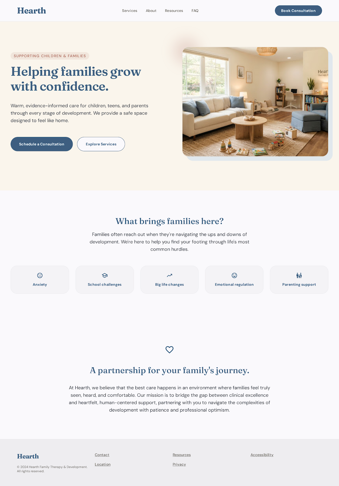 Desktop preview of the Hearth family practice website concept